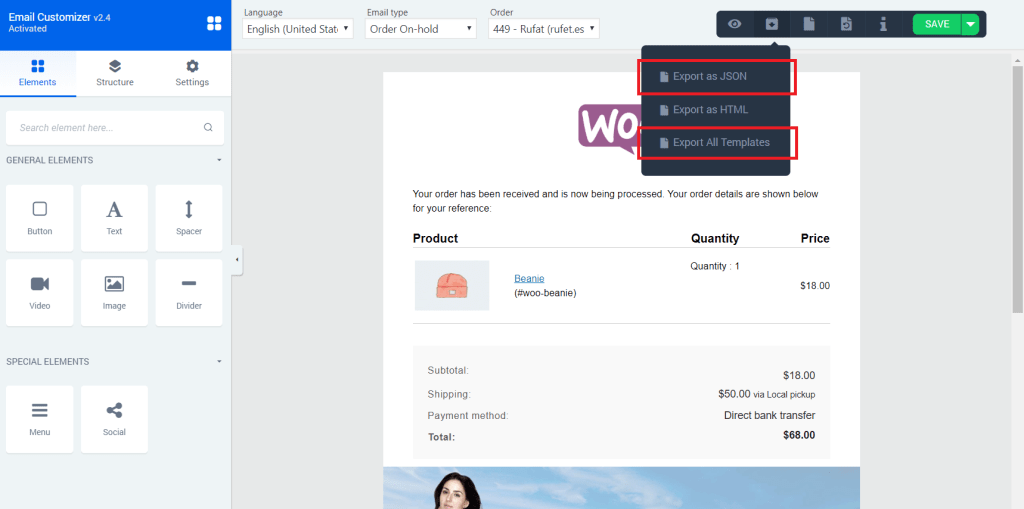 export /import in woomail